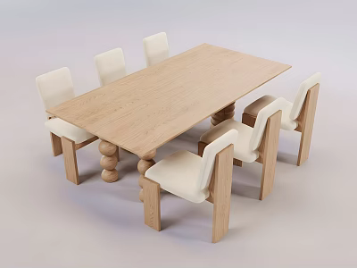 Modern Rectangular Wooden Dining Table Set with Six White Seat Wooden Leg Chairs 3d model