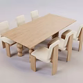 Modern Rectangular Wooden Dining Table Set with Six White Seat Wooden Leg Chairs 3d model