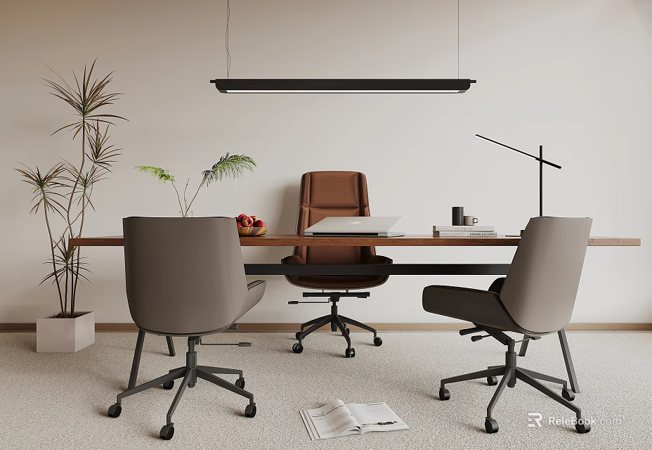 Modern Office Desk With Brown Executive Chair Gray Seats Desk Lamp Plant And Fruit Notebook 3d model 