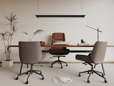 Modern Office Desk With Brown Executive Chair Gray Seats Desk Lamp Plant And Fruit Notebook 3d model