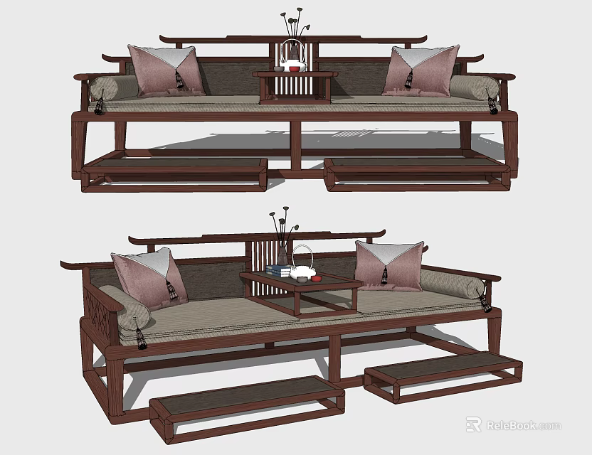 Traditional Chinese Double Sofa With Wooden Frame Decorative Cushions And Small Tea Table 3d model 