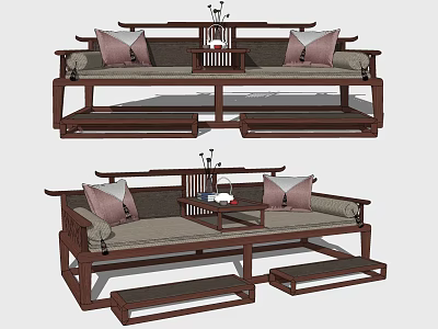 Traditional Chinese Double Sofa With Wooden Frame Decorative Cushions And Small Tea Table 3d model