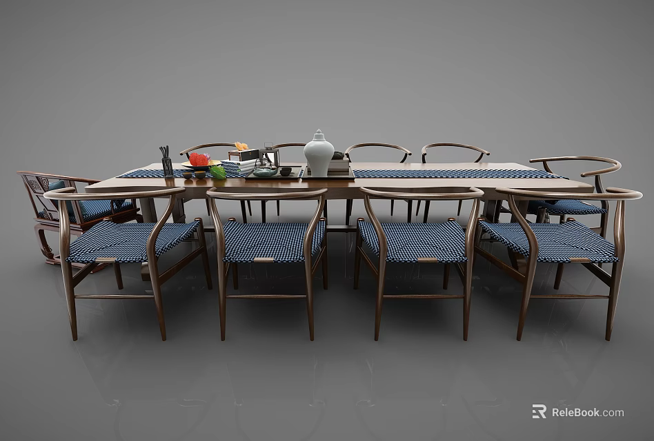 Long Dining Table Set With Wooden Frame Blue Striped Chairs And Decorative Vase 3d model 
