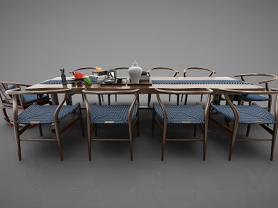 Long Dining Table Set With Wooden Frame Blue Striped Chairs And Decorative Vase 3d model
