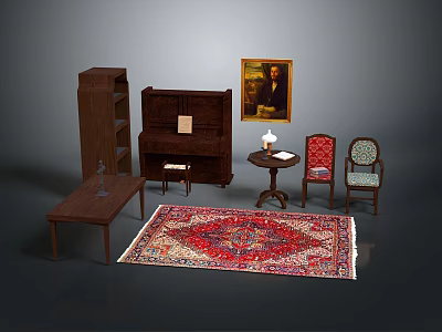 Vintage Wooden Entryway Cabinet And Side Cabinet With Patterned Rug Chairs Table Lamp And Artwork 3d model