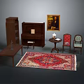 Vintage Wooden Entryway Cabinet And Side Cabinet With Patterned Rug Chairs Table Lamp And Artwork