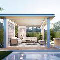 Outdoor Pergola Seating Area With Sofa Coffee Table Green Plants And Pool