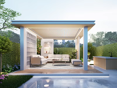 Outdoor Pergola Seating Area With Sofa Coffee Table Green Plants And Pool 3d model