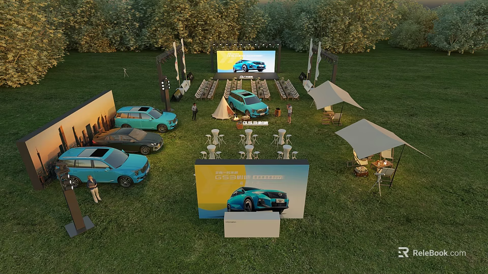 Outdoor Car Display Event On Grassland With Blue Cars Large Screen Tents And Tables 3d model 