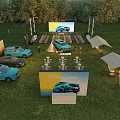 Outdoor Car Display Event On Grassland With Blue Cars Large Screen Tents And Tables