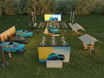 Outdoor Car Display Event On Grassland With Blue Cars Large Screen Tents And Tables 3d model