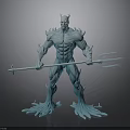 Blue Muscular Humanoid Figure Holding Trident With Root Like Feet