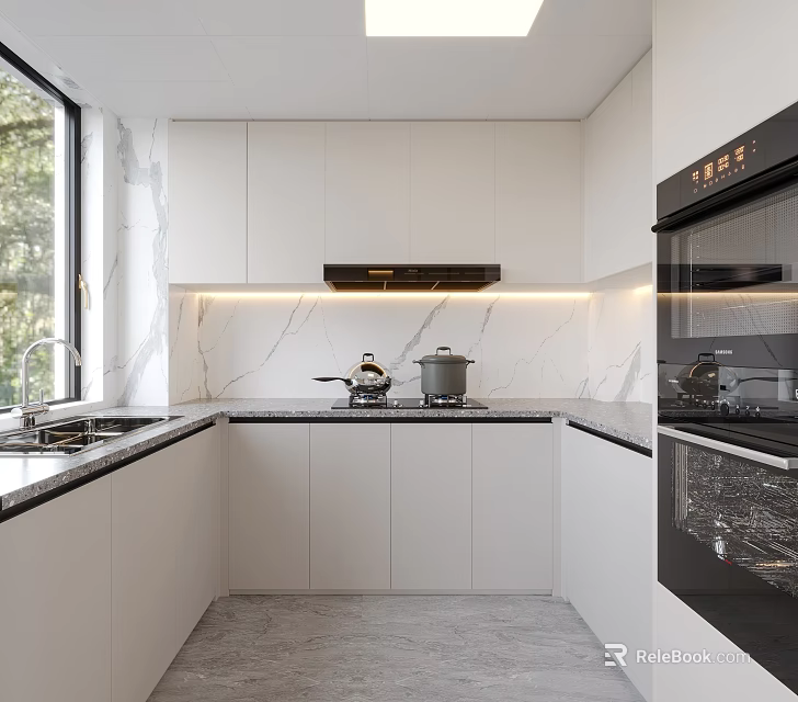 Modern Kitchen Interior With White Cabinets Marble Countertops And Built In Appliances 3d model 