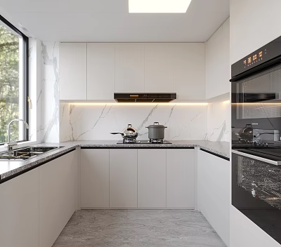 Modern Kitchen Interior With White Cabinets Marble Countertops And Built In Appliances 3d model