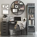 Modern Work Desk Setup With Laptop Bookshelf Office Chair And Decorative Items