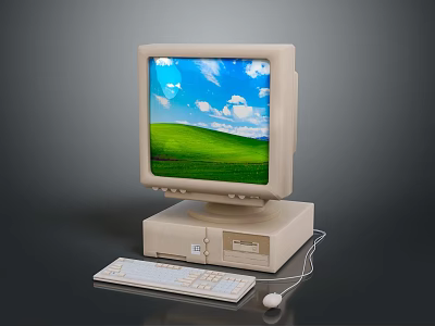 Vintage Computer With CRT Monitor Tower Keyboard Mouse Screen Blue Sky White Clouds Green Grass 3d model