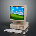Vintage Computer With CRT Monitor Tower Keyboard Mouse Screen Blue Sky White Clouds Green Grass
