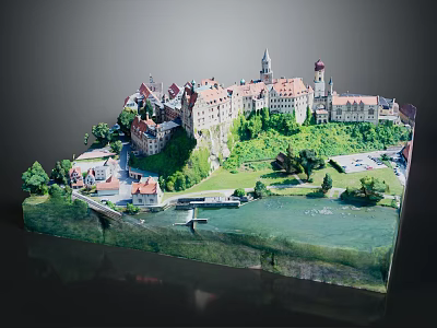 Modern Architectural Model Scene With Castle Building Green Hillside And River 3d model