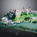 Modern Architectural Model Scene With Castle Building Green Hillside And River 3d model