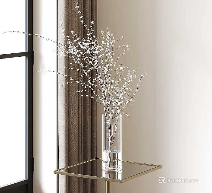 Transparent Glass Vase With White Blossom Branches On Glass Table Near Window 3d model 