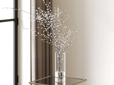 Transparent Glass Vase With White Blossom Branches On Glass Table Near Window 3d model