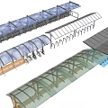 Outdoor Canopy Design For Public Spaces With Transparent Roof Wooden Metal Frames And Benches