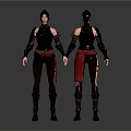 Detailed 3D Model Of Female Warrior With Black Armor Red Accents Front And Back View