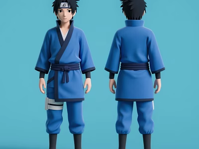 Man In Blue Traditional Outfit With Sash Front And Back View 3d model