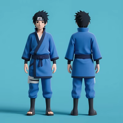 Man In Blue Traditional Outfit With Sash Front And Back View 3d model