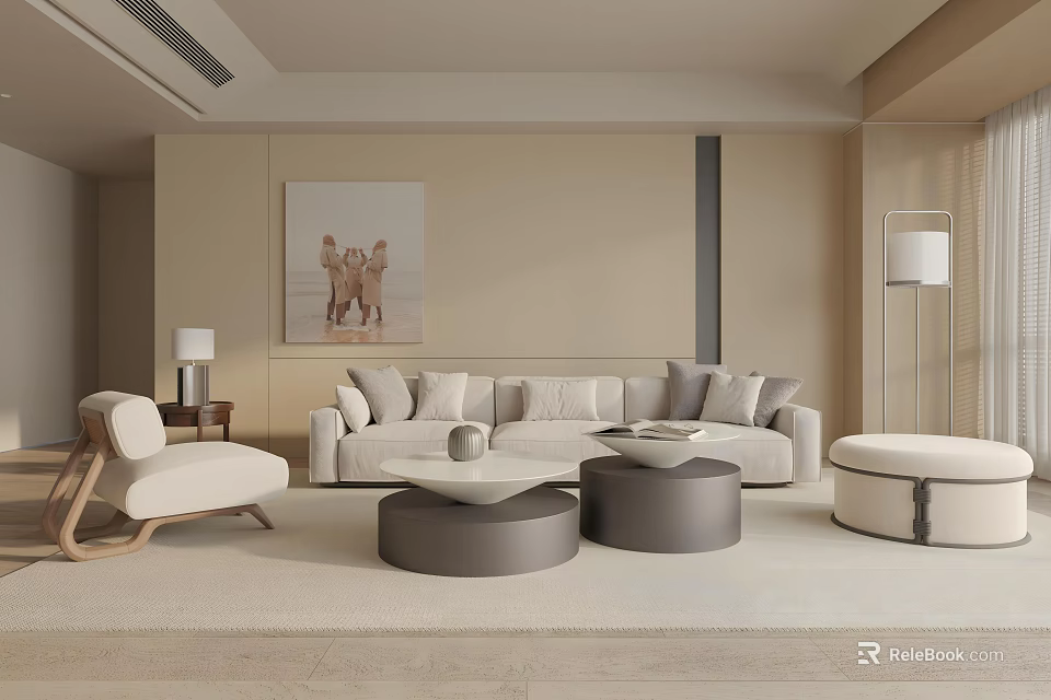 Modern Beige Living Room Interior With Sofa Round Coffee Table Floor Lamp And Artwork 3d model 