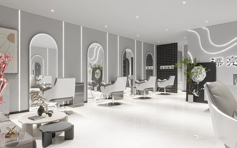 Modern Beauty Hair Salon Interior With Round Mirrors White Chairs And Green Plants 3d model 