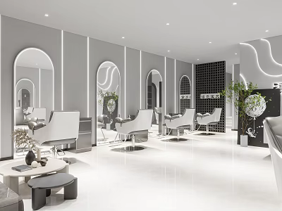 Modern Beauty Hair Salon Interior With Round Mirrors White Chairs And Green Plants 3d model