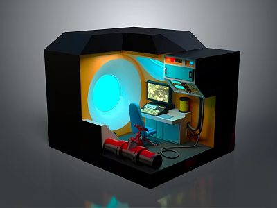 Futuristic Control Room Interior With Computer Console Chair Red Pipe And Glowing Panel 3d model