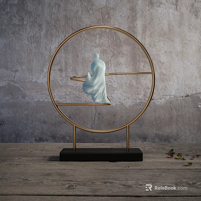 Decorative Ornament Set with Golden Circular Frame Light Blue Figure Statue and Black Base 3d model 