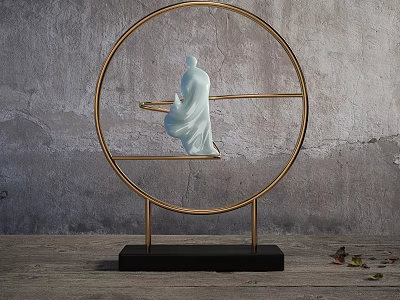 Decorative Ornament Set with Golden Circular Frame Light Blue Figure Statue and Black Base 3d model