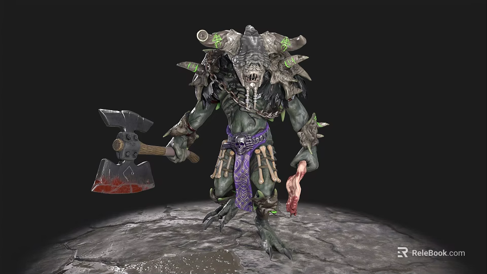 Dark Fantasy Game Movie Character With Horned Head Green Glowing Axe And Bone Decorations 3d model 