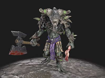 Dark Fantasy Game Movie Character With Horned Head Green Glowing Axe And Bone Decorations 3d model