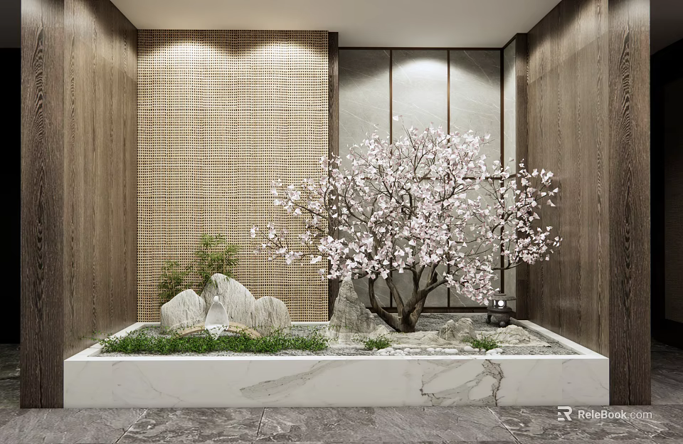 Elegant Indoor Garden Ornament With Blooming Tree Stones Green Plants And Marble Base 3d model 