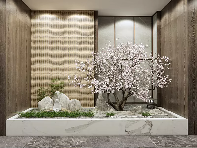 Elegant Indoor Garden Ornament With Blooming Tree Stones Green Plants And Marble Base 3d model