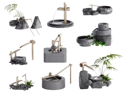 Decorative Stone And Wooden Water Features With Basins Fountains And Green Plants 3d model