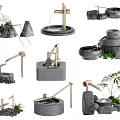 Decorative Stone And Wooden Water Features With Basins Fountains And Green Plants