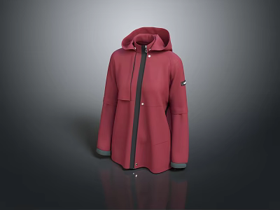 Red Hooded Jacket With Long Sleeve Front Zipper And Casual Style 3d model