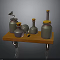 Vintage Wooden Cart Display With Metal Bottles Cans And Orange Lids