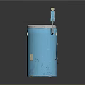 Blue Cylindrical Vintage Electronic Appliance With Top Roller Handle And Metal Base