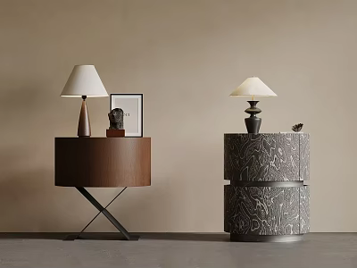 Modern Decorative Cabinets With Wooden And Patterned Design Featuring Table Lamps And Decor Items 3d model