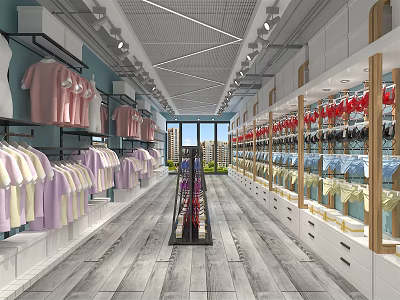Modern Clothing Store Interior With Hanging Clothes Display Shelves And Bright Lighting 3d model