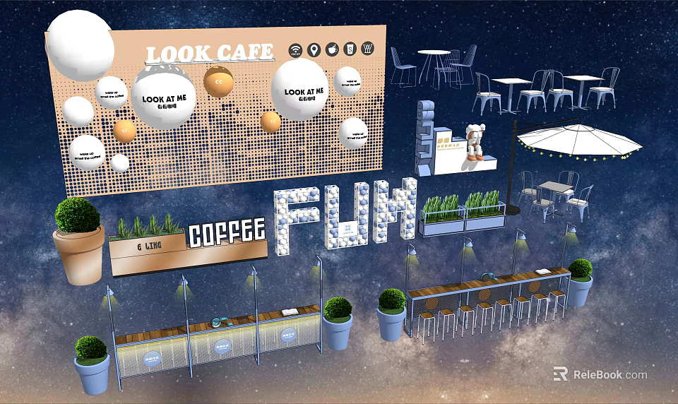 Vibrant Commercial Street With Look Cafe Coffee Shop Outdoor Seating Green Plants And Lights 3d model 