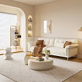 Modern Living Room Interior With White Sofa Round Coffee Table Wall Art And Arched Shelves