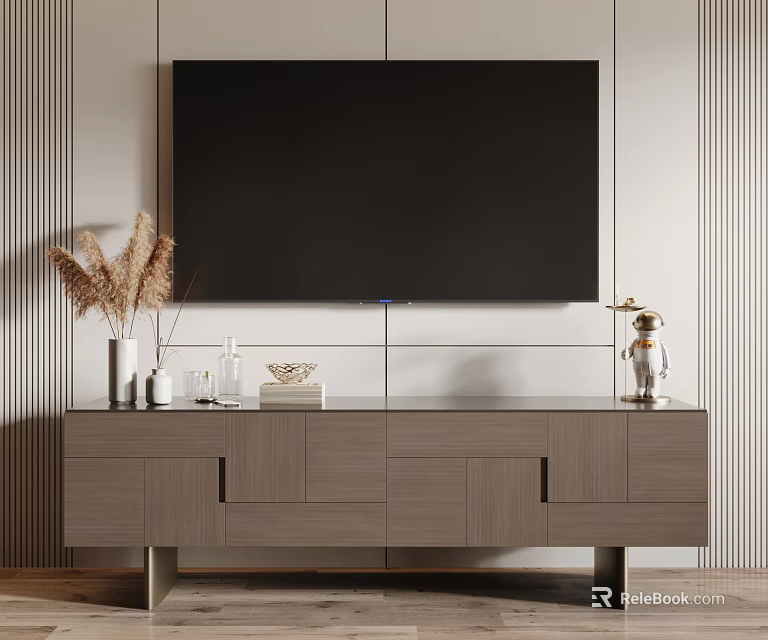 Modern Gray TV Stand with Decorative Vase Pampas Grass Books and Mounted TV on Wall 3d model 