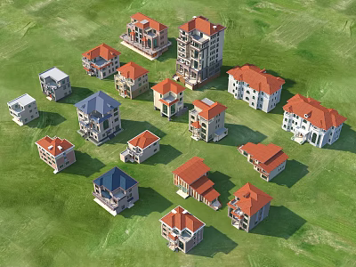 Various Detached Villas With Red And Blue Roofs On Green Grassland 3d model